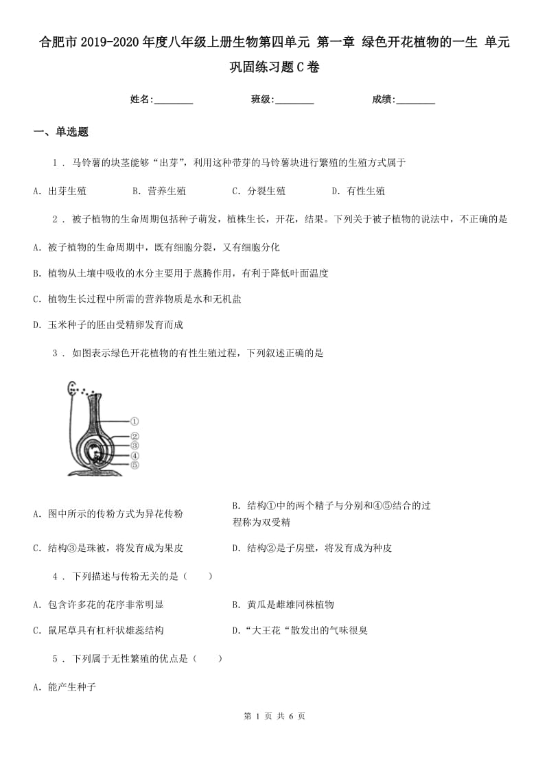 合肥市2019-2020年度八年级上册生物第四单元 第一章 绿色开花植物的一生 单元巩固练习题C卷_第1页