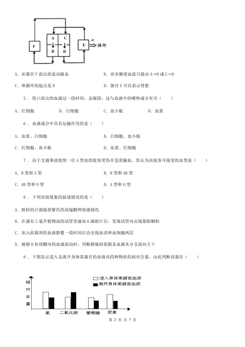 七年级下册生物 第二章 爱护心脏 确保运输 单元检测_第2页