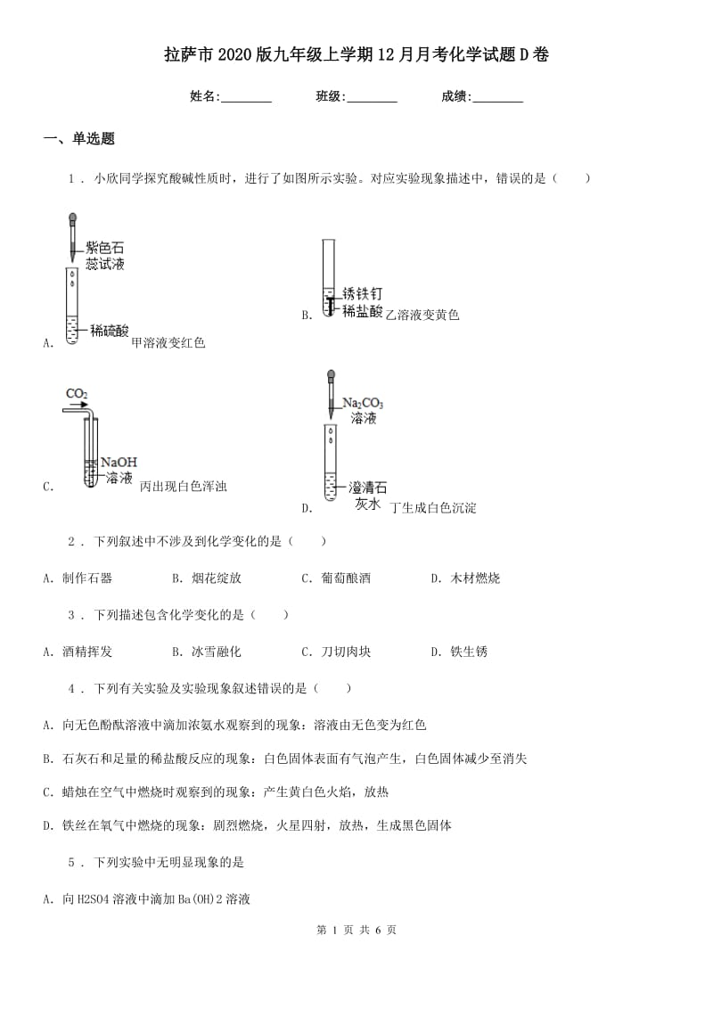 拉萨市2020版九年级上学期12月月考化学试题D卷_第1页