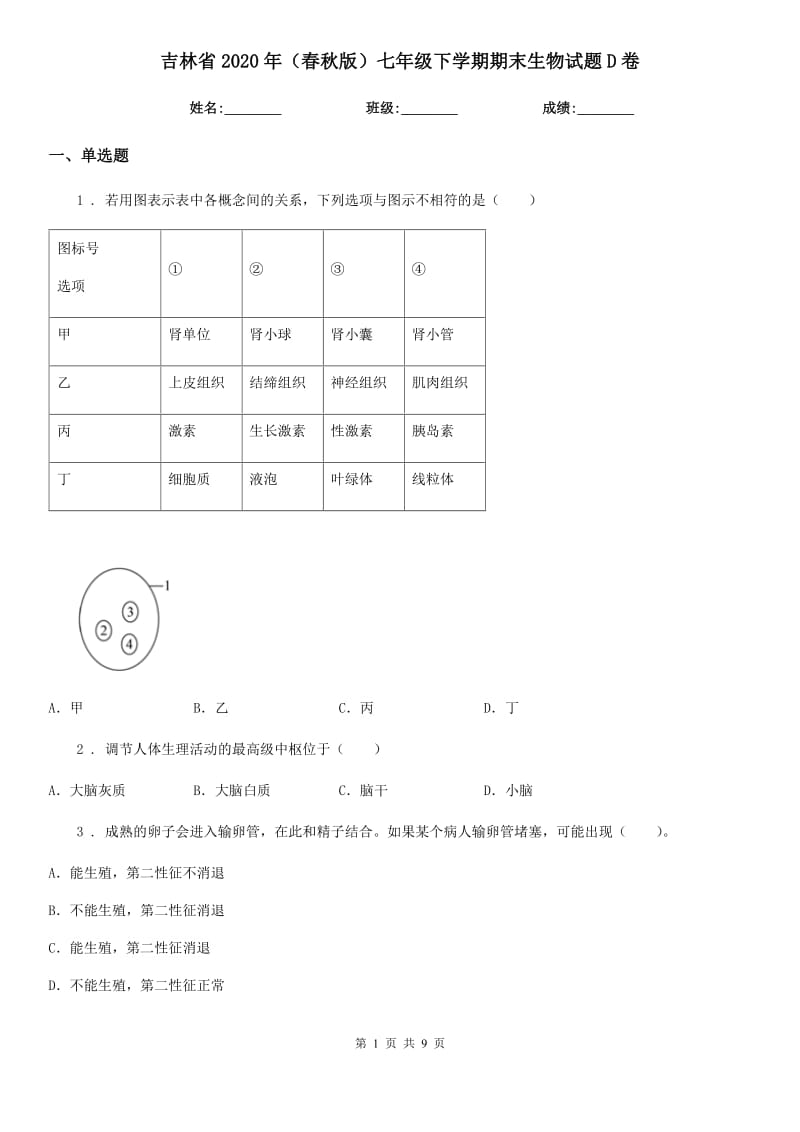 吉林省2020年（春秋版）七年级下学期期末生物试题D卷-1_第1页