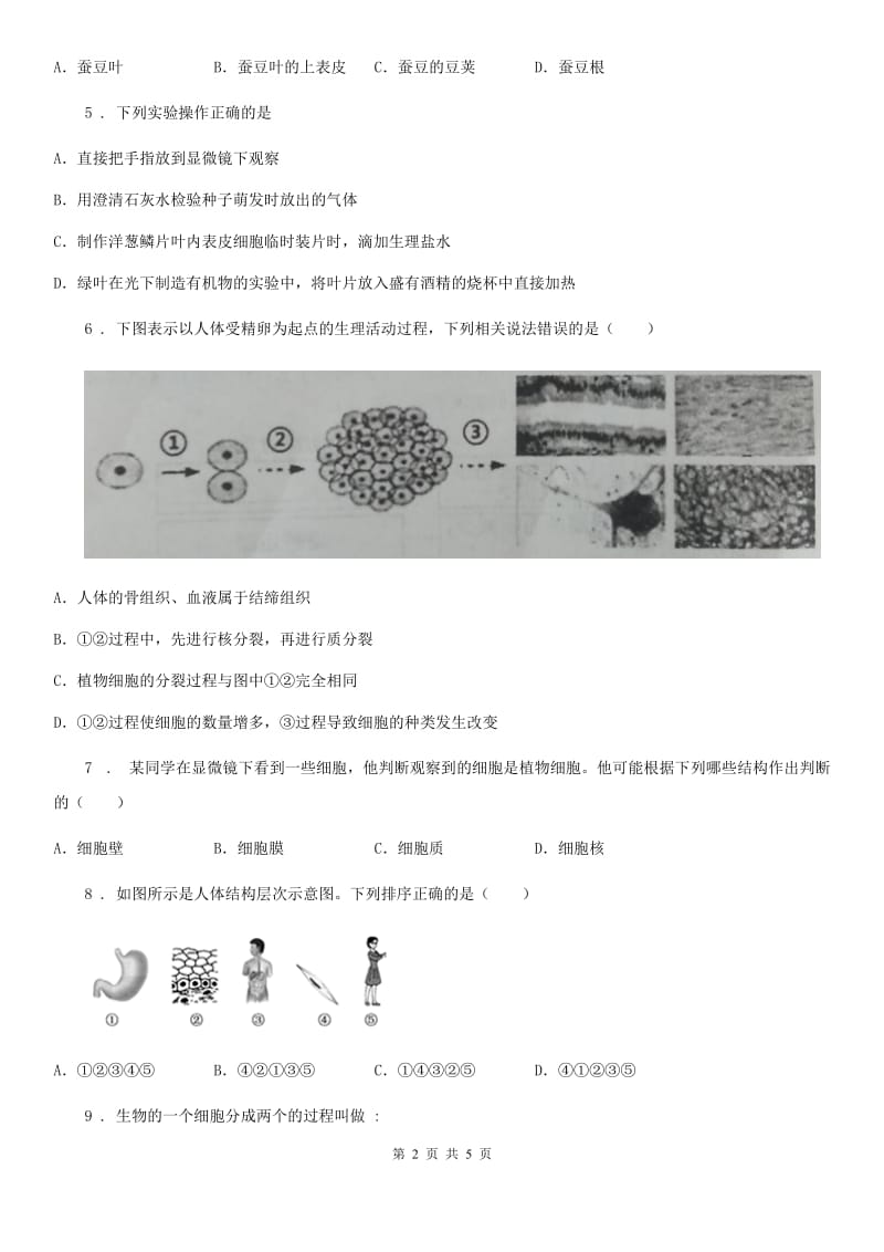 七年级上册生物 第三章 生物体的结构 单元测试题_第2页