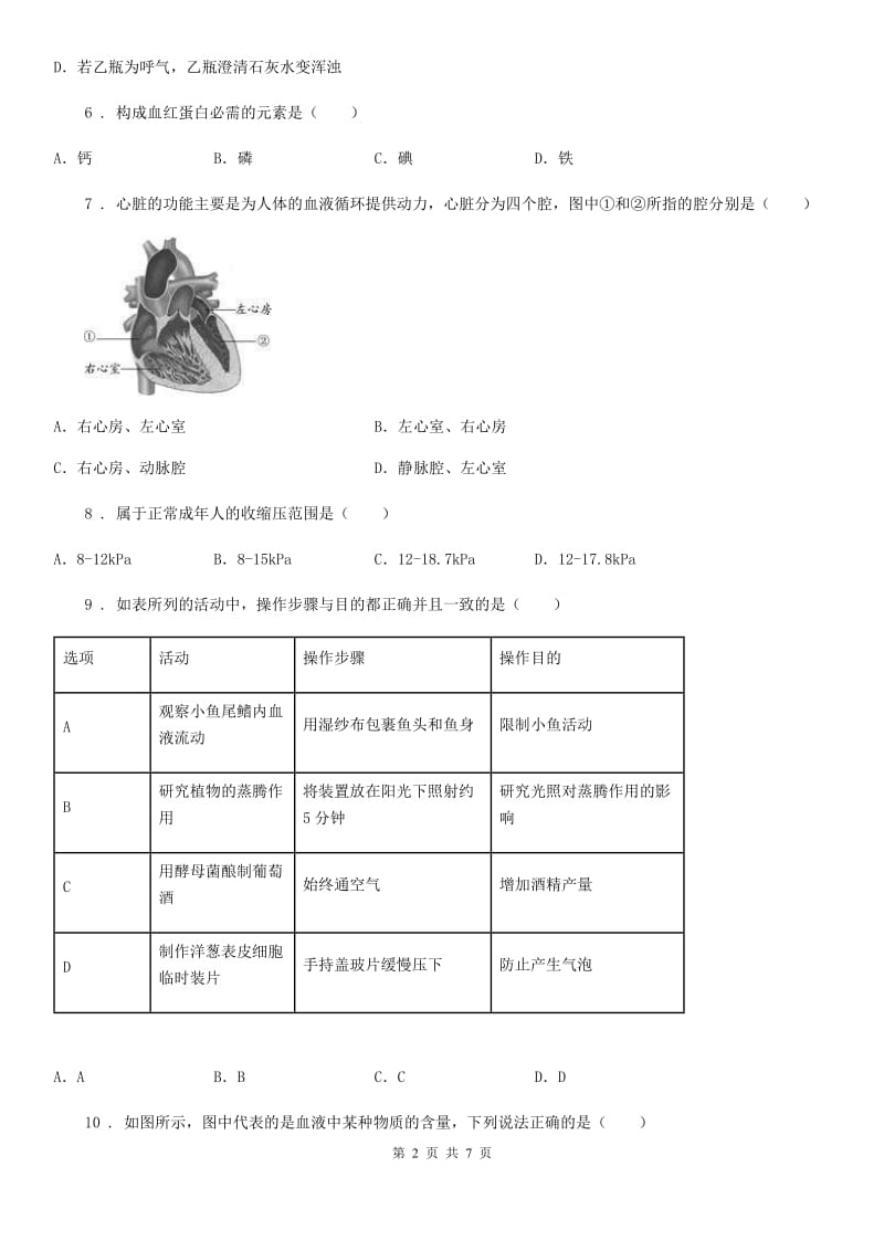 济南市2020版七年级下册生物 第10章 人体内物质运输和能量供应 单元练习题（I）卷_第2页