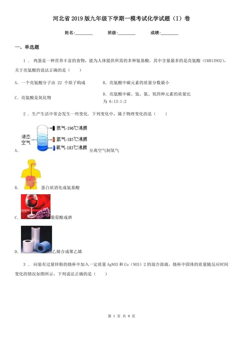河北省2019版九年级下学期一模考试化学试题（I）卷_第1页
