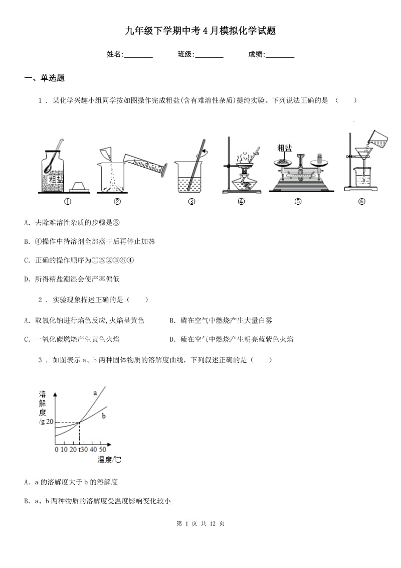 九年级下学期中考4月模拟化学试题_第1页