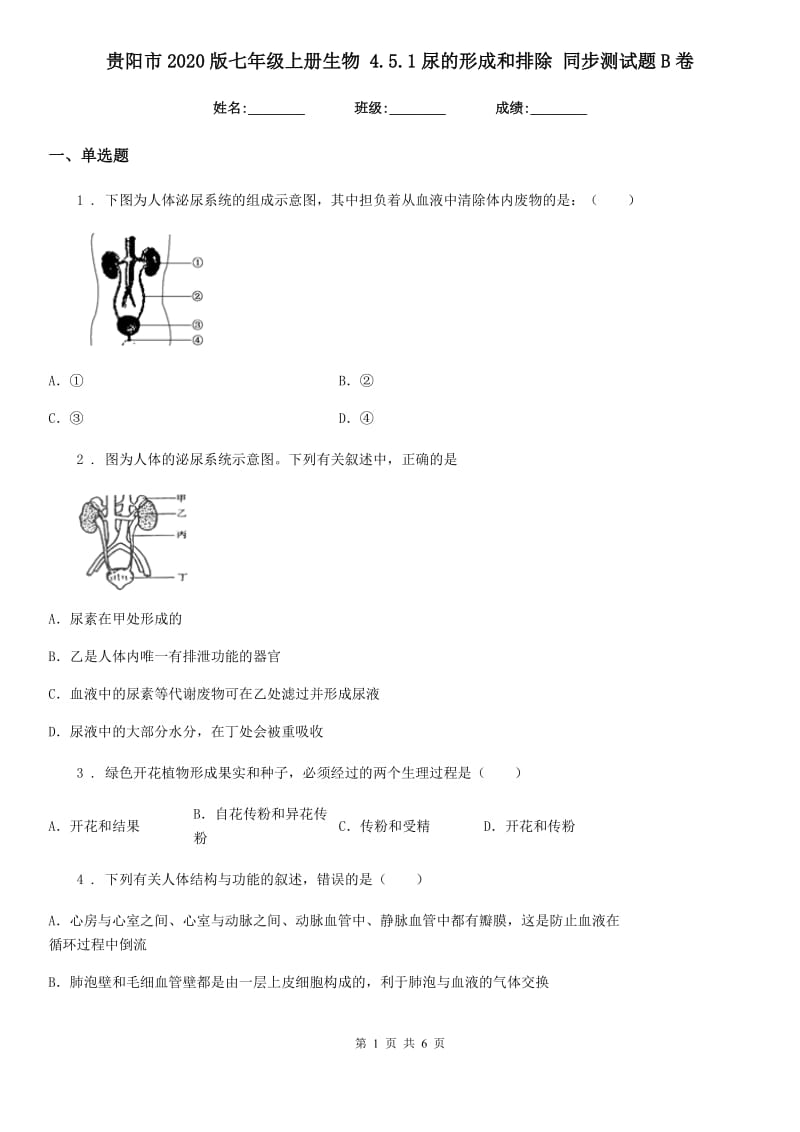 贵阳市2020版七年级上册生物 4.5.1尿的形成和排除 同步测试题B卷_第1页