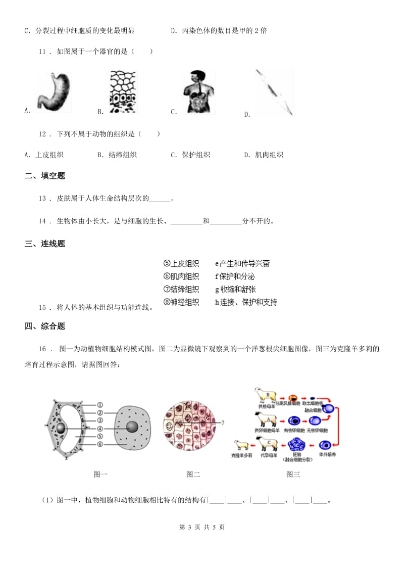 生物八年级上册生命科学 1.1人体是怎样构成的 练习题_第3页