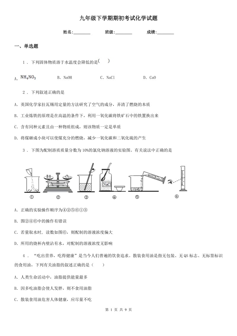 九年级下学期期初考试化学试题_第1页