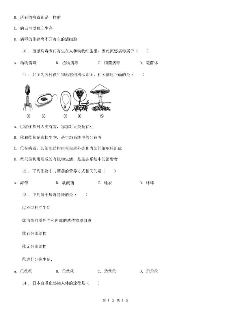 八年级上册生物 5.5 病毒单元测试题_第3页