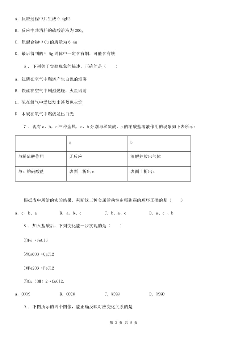 九年级下学期化学专题复习《金属的化学性质》选择题专项练习_第2页