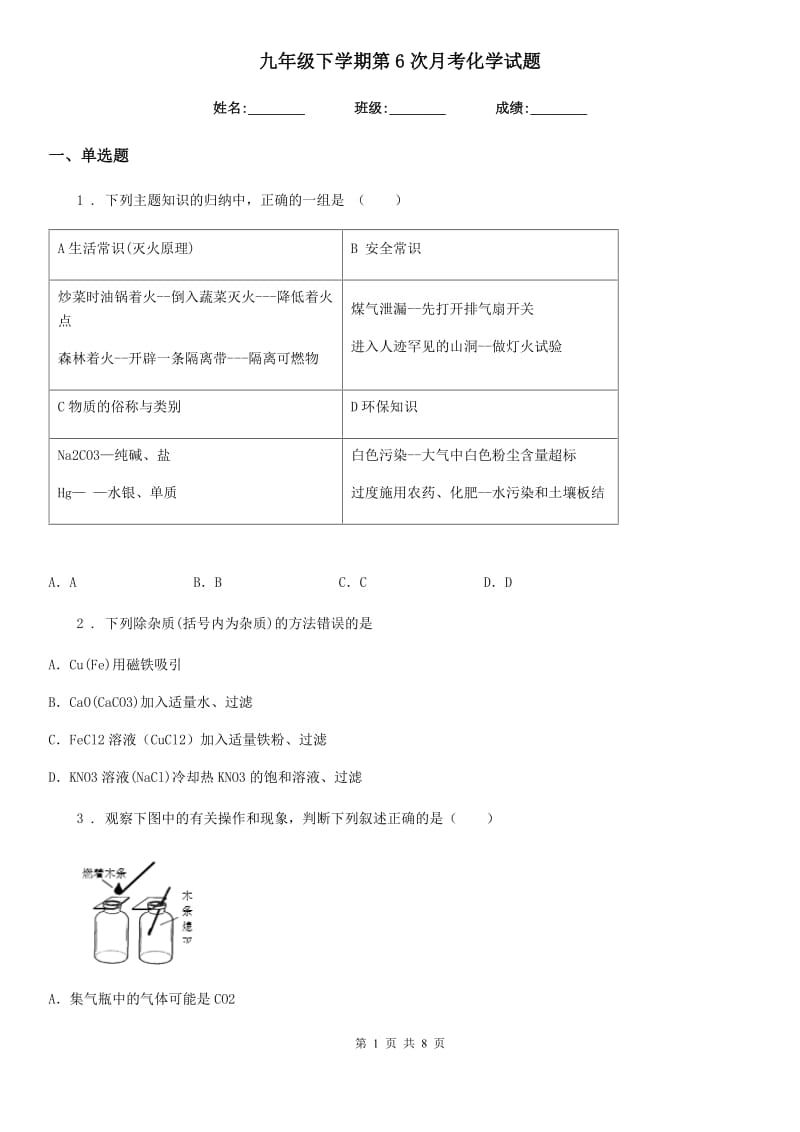 九年级下学期第6次月考化学试题_第1页