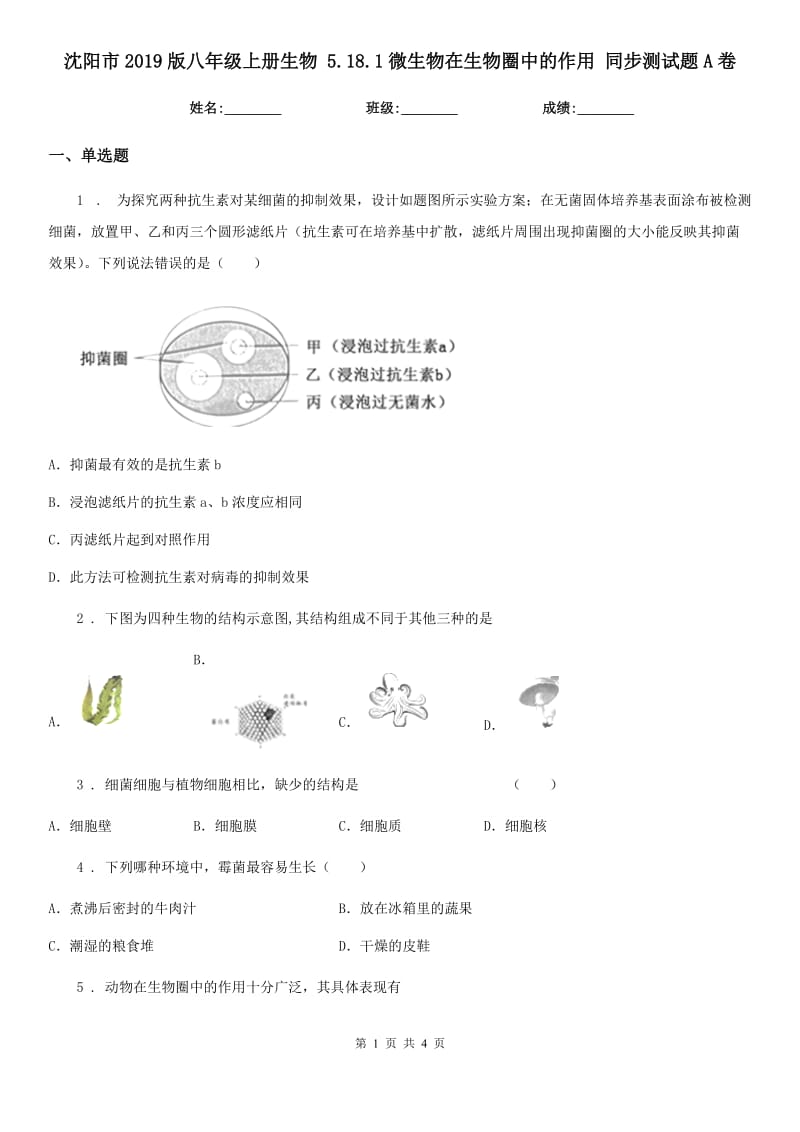 沈阳市2019版八年级上册生物 5.18.1微生物在生物圈中的作用 同步测试题A卷_第1页