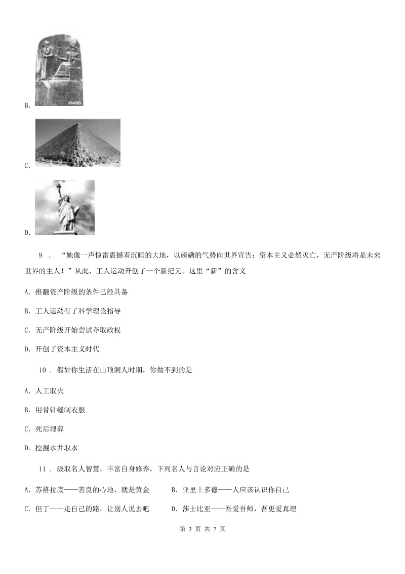 广西壮族自治区2020年（春秋版）九年级上学期期末考试历史试卷（II）卷_第3页