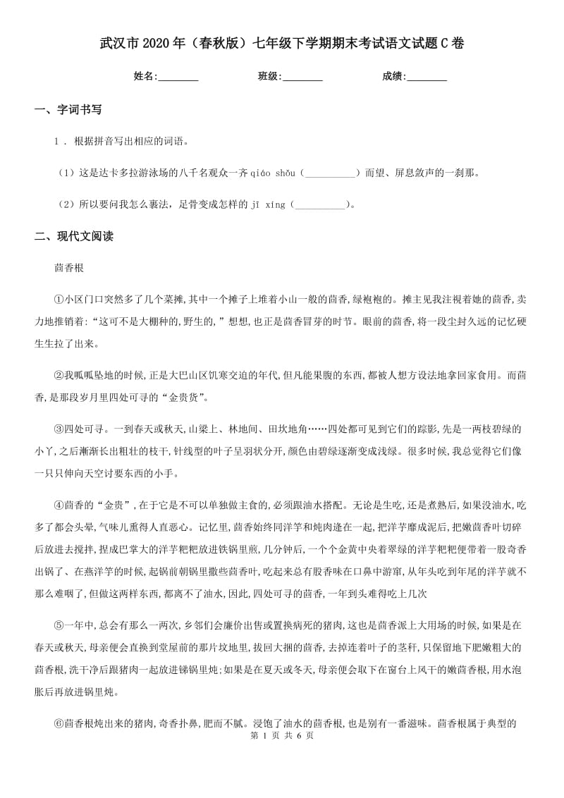 武汉市2020年（春秋版）七年级下学期期末考试语文试题C卷_第1页