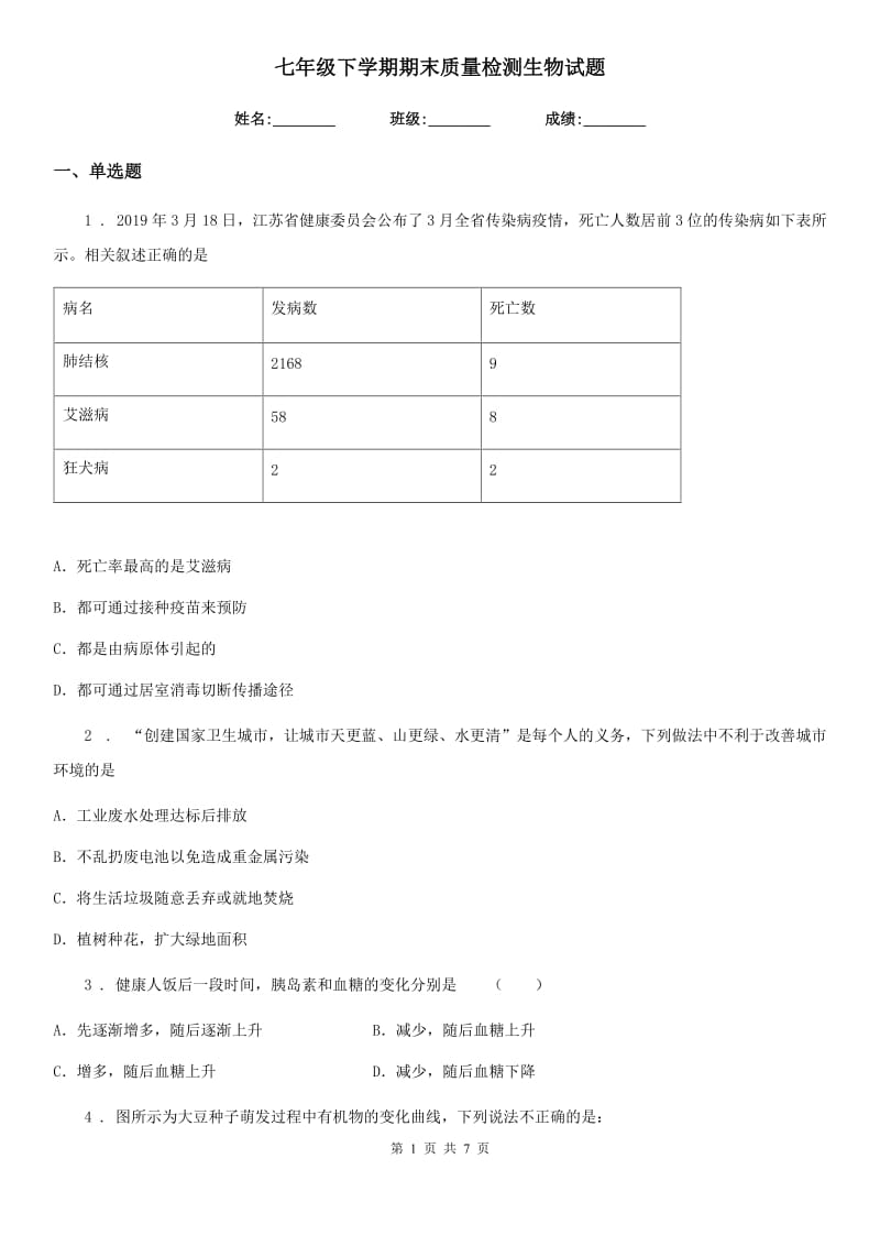 七年级下学期期末质量检测生物试题_第1页