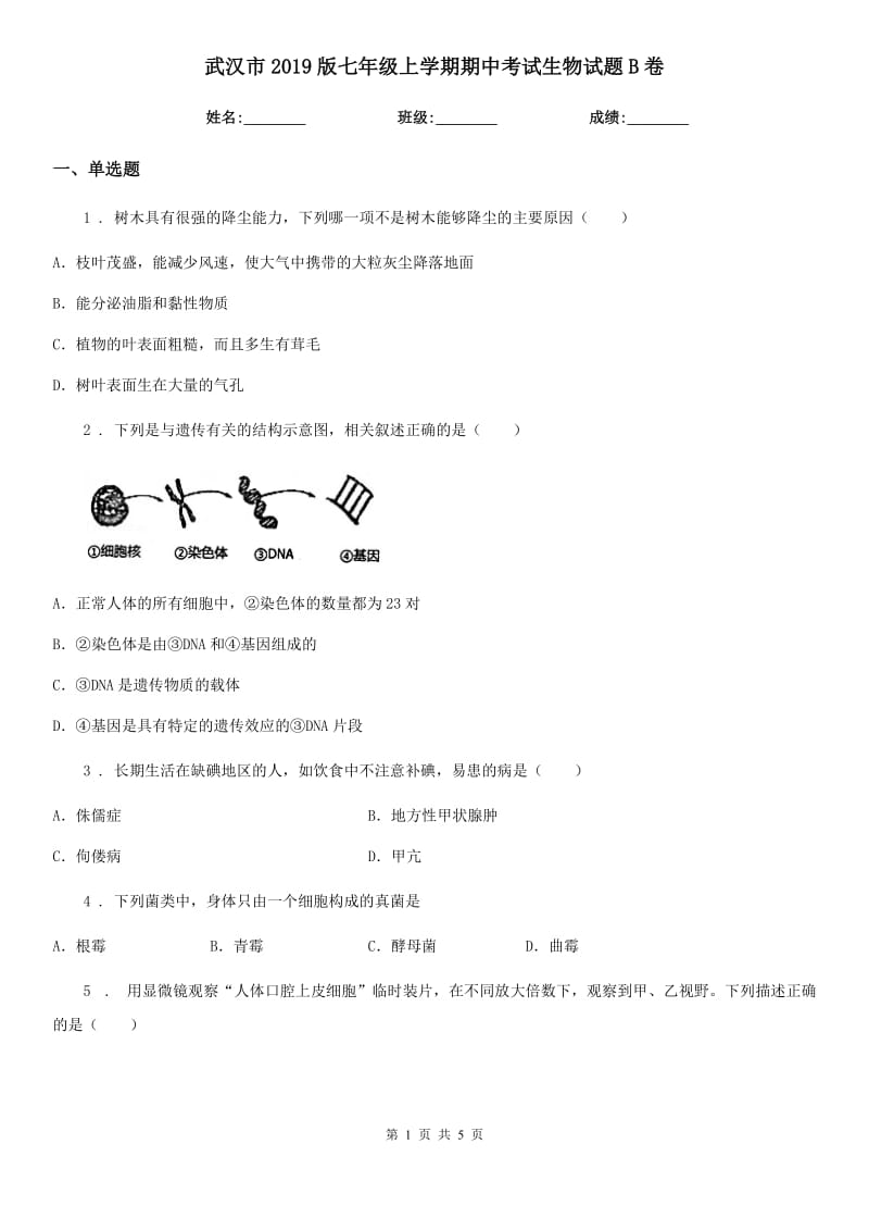 武汉市2019版七年级上学期期中考试生物试题B卷_第1页