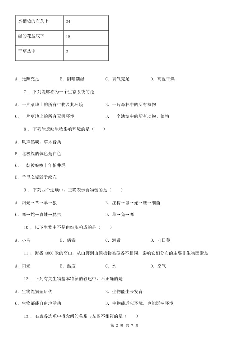 南宁市2019-2020年度七年级上学期10月份月考生物试题（II）卷_第2页