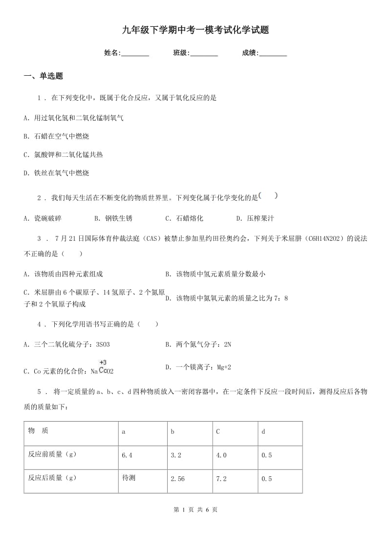 九年级下学期中考一模考试化学试题_第1页