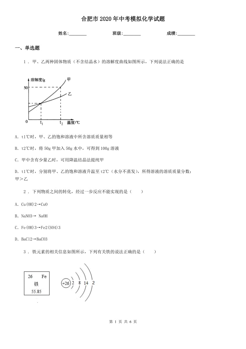 合肥市2020年中考模拟化学试题_第1页