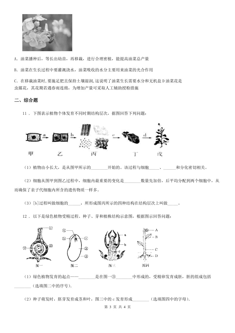 西宁市2019-2020学年七年级12月月考生物试题（I）卷_第3页