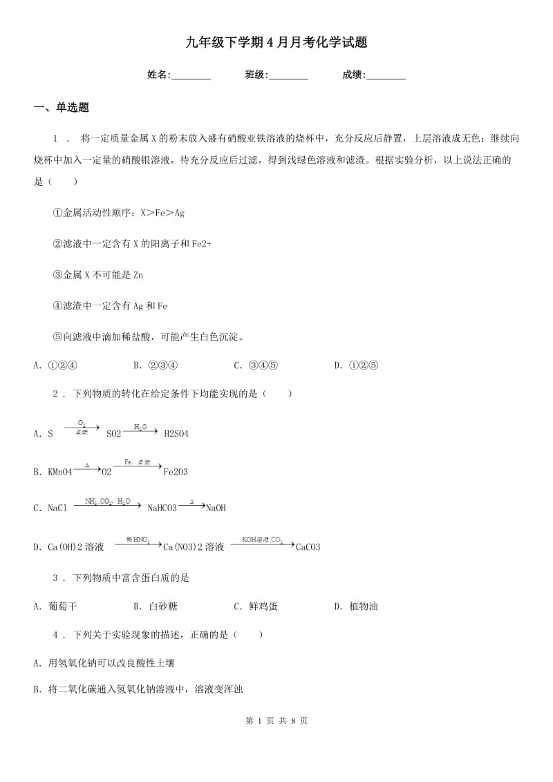 九年级下学期4月月考化学试题_第1页