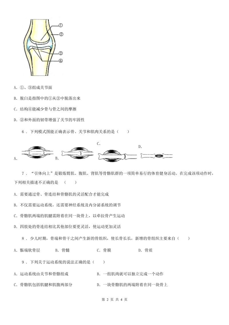 内蒙古自治区2019版生物八年级上册5.2.1动物的运动练习题（I）卷_第2页