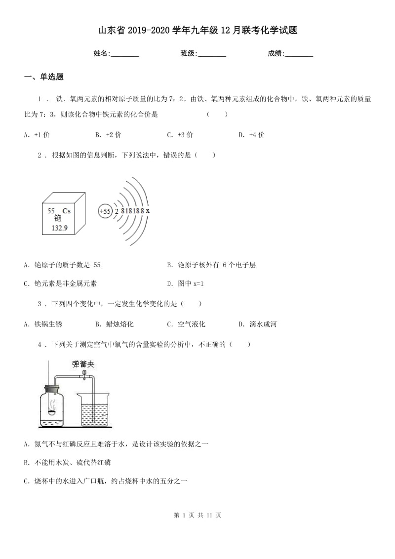 山东省2019-2020学年九年级12月联考化学试题_第1页