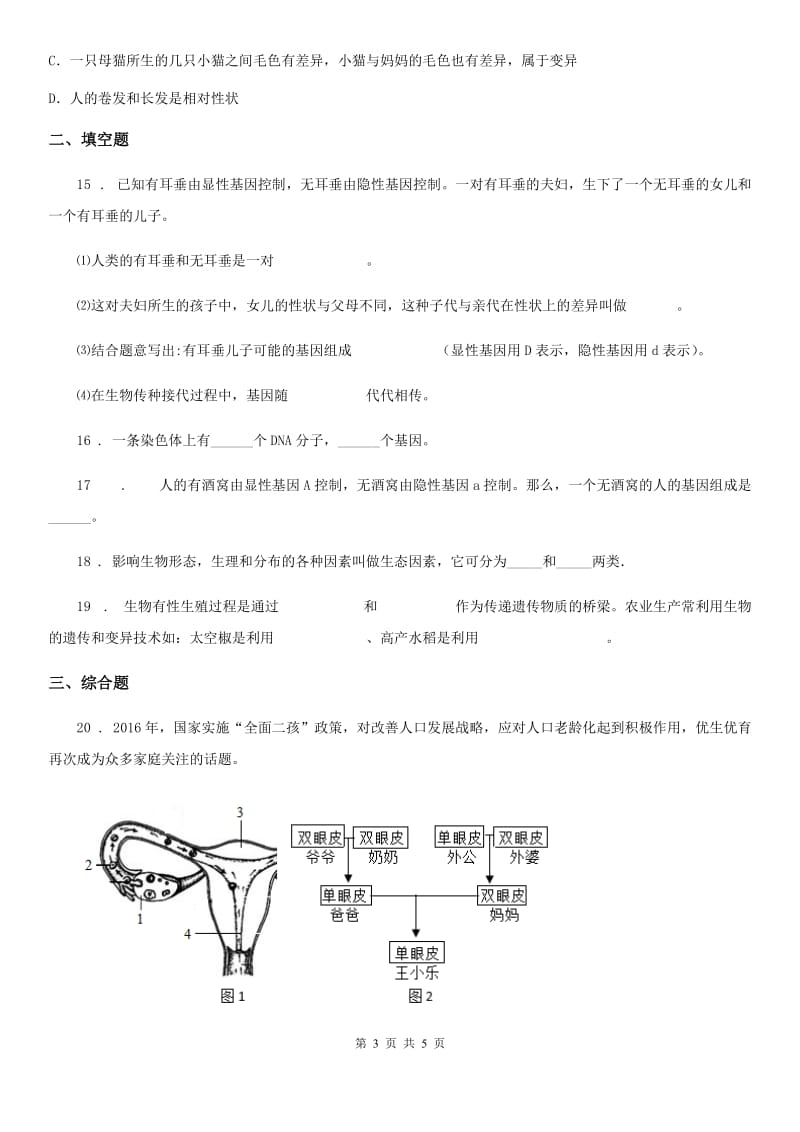 八年级下册生物 22.2人的性状和遗传 练习题_第3页