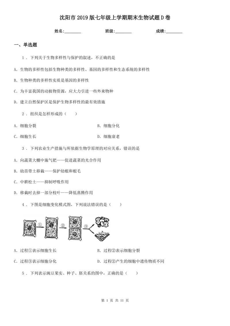 沈阳市2019版七年级上学期期末生物试题D卷_第1页