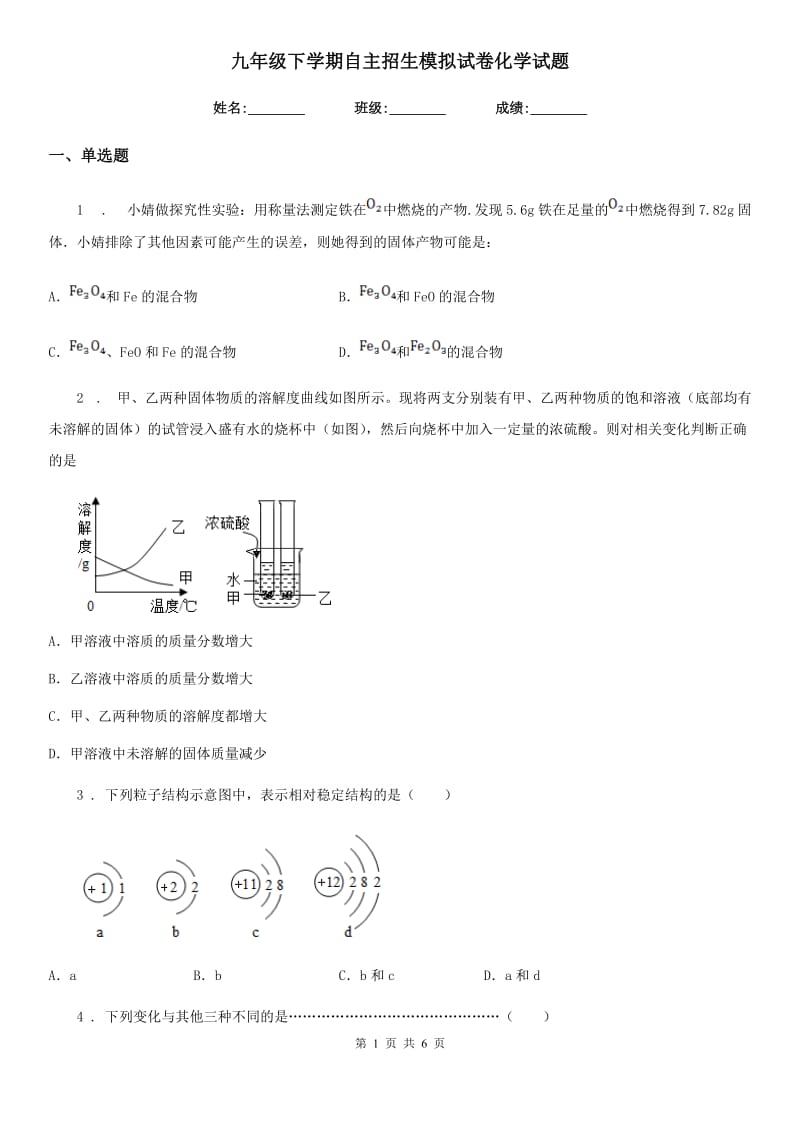 九年级下学期自主招生模拟试卷化学试题_第1页