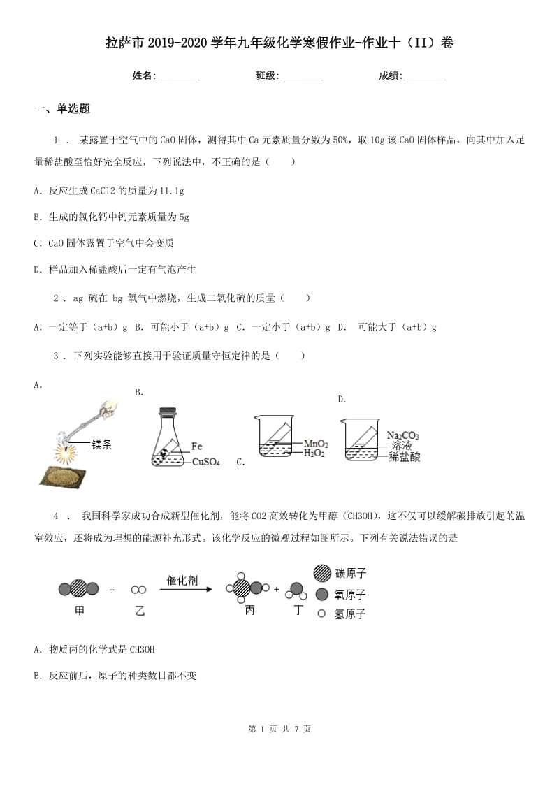 拉萨市2019-2020学年九年级化学寒假作业-作业十（II）卷_第1页