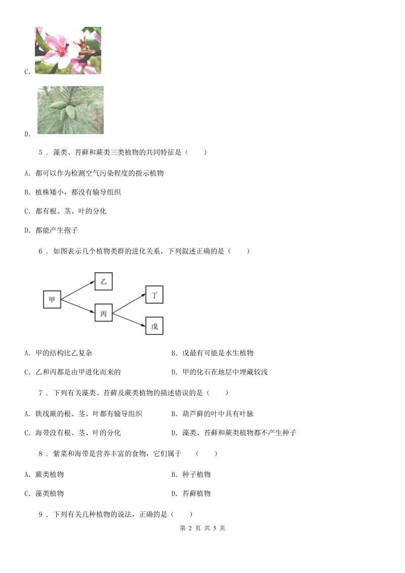 生物七年级上册3.1.1藻类、苔藓和蕨类植物同步检测题_第2页