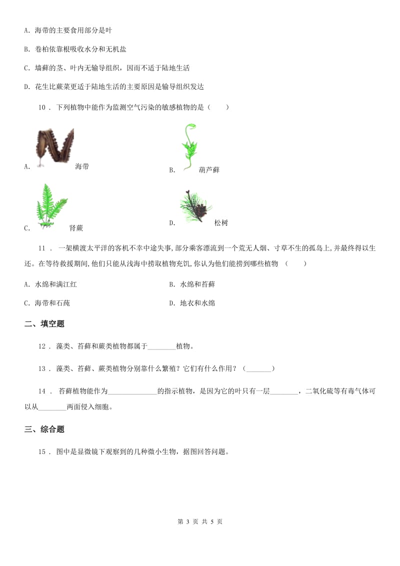 生物七年级上册3.1.1藻类、苔藓和蕨类植物同步检测题_第3页