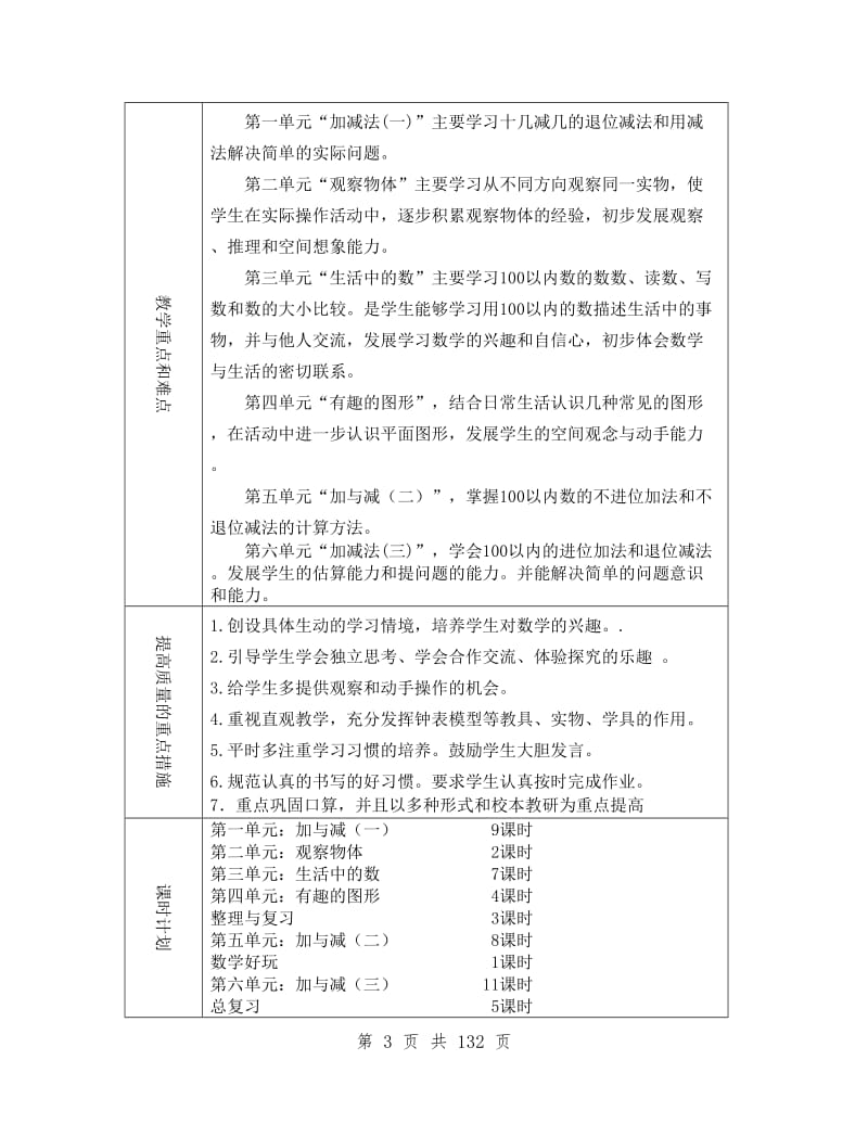 2019-2020年新北师大版一年级数学下册全册教案(表格式)_第3页