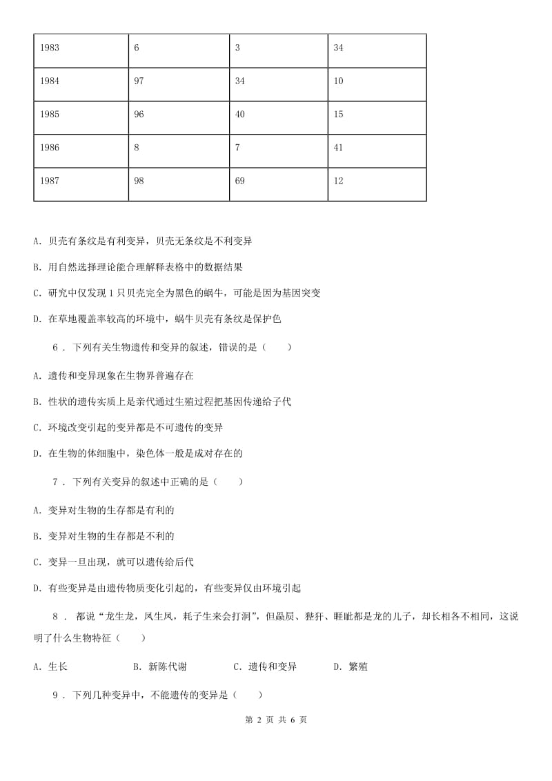 郑州市2019版八年级生物下册：6.2.2 变异校本作业D卷_第2页