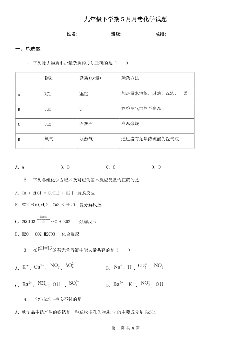 九年级下学期5月月考化学试题_第1页