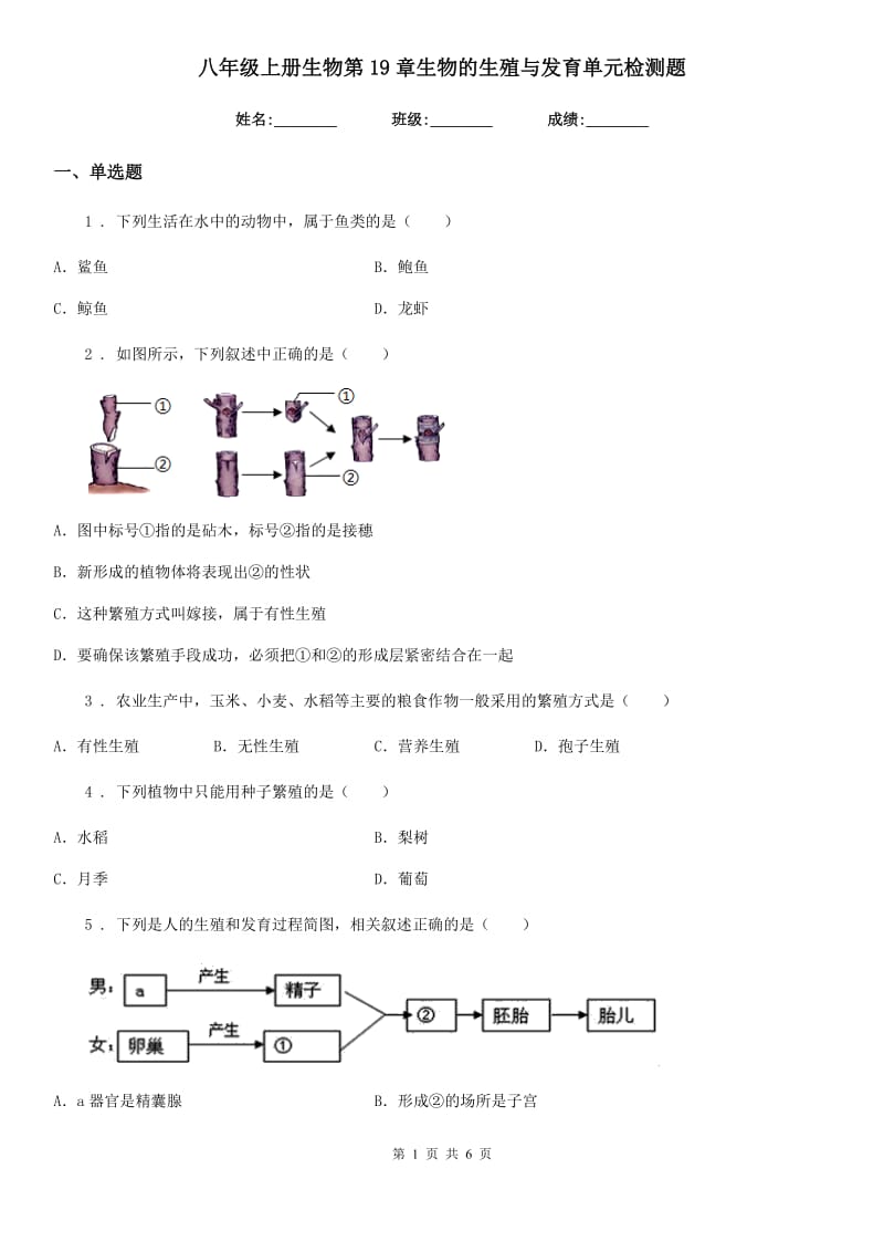 八年级上册生物第19章生物的生殖与发育单元检测题_第1页