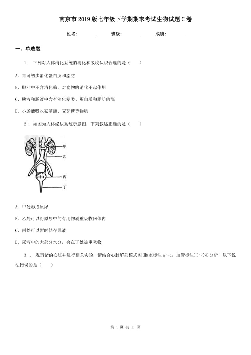 南京市2019版七年级下学期期末考试生物试题C卷_第1页