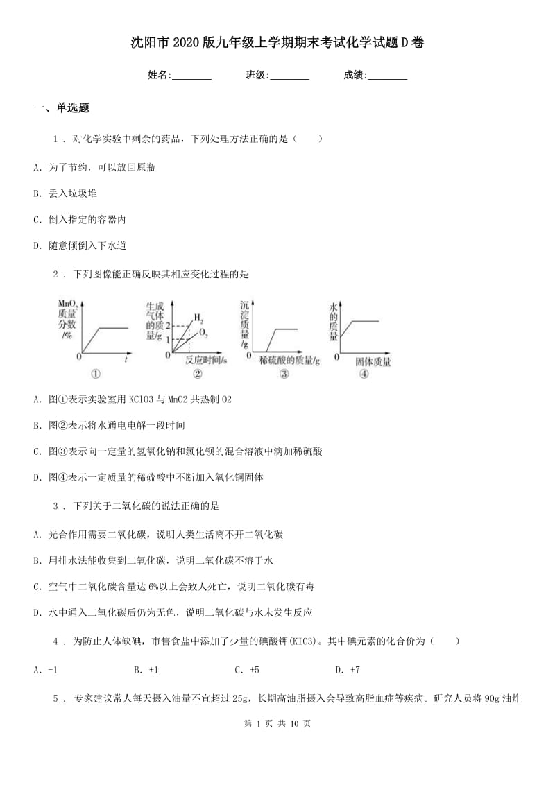 沈阳市2020版九年级上学期期末考试化学试题D卷_第1页