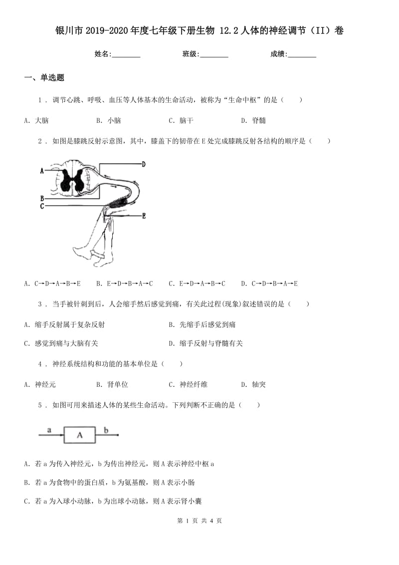 银川市2019-2020年度七年级下册生物 12.2人体的神经调节（II）卷_第1页