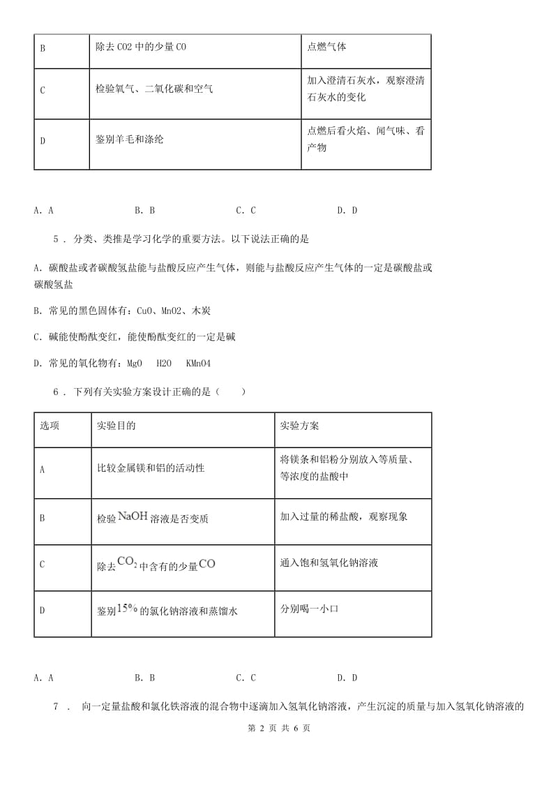 九年级下学期化学专题复习《物质的制备、除杂、分离、鉴别综合题》选择题专项练习_第2页