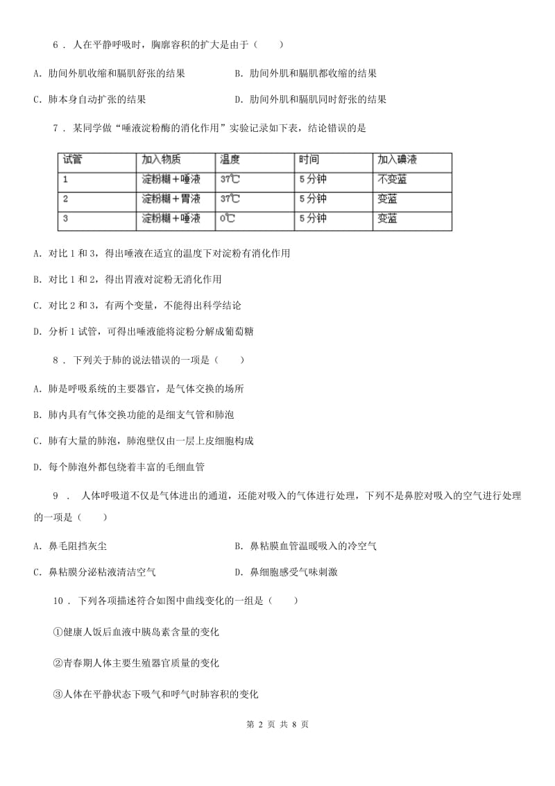 黑龙江省2020版七年级生物下册第四单元　第二、三章综合测试题C卷_第2页
