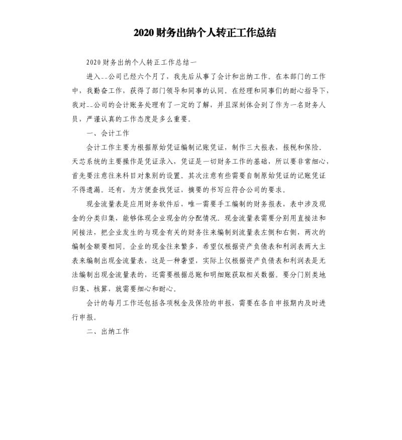 2020财务出纳个人转正工作总结_第1页