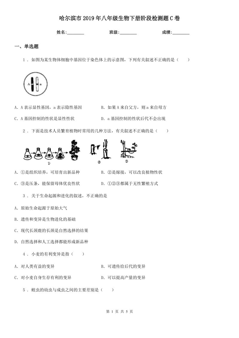 哈尔滨市2019年八年级生物下册阶段检测题C卷_第1页