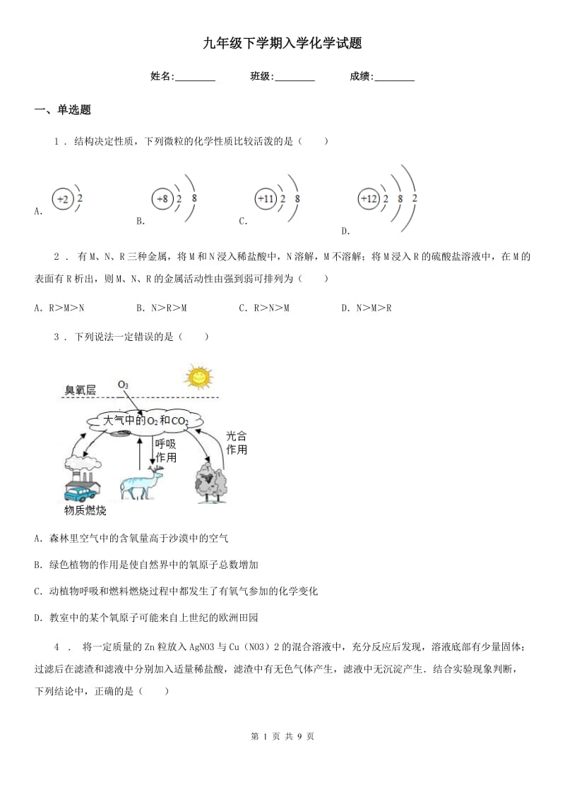 九年级下学期入学化学试题_第1页