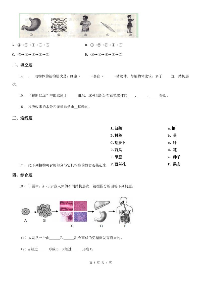 杭州市2019-2020学年七年级上册生物 2.4生物体的组成 单元测试题C卷_第3页