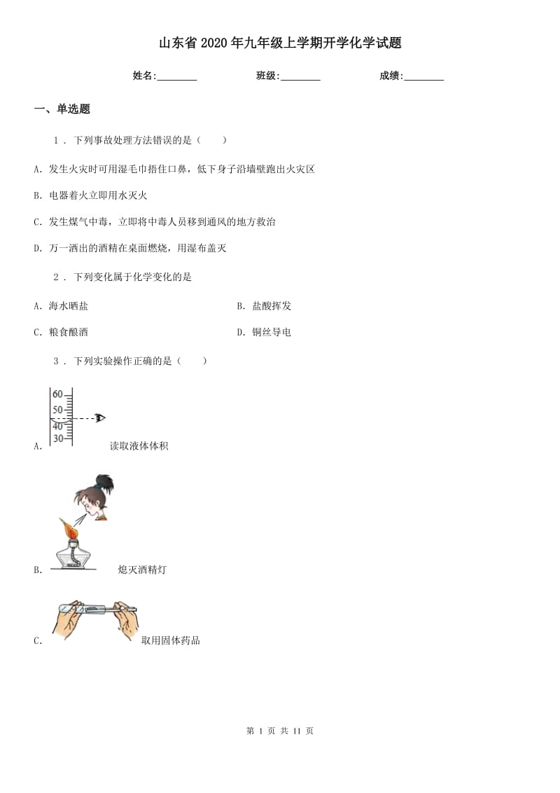 山东省2020年九年级上学期开学化学试题_第1页