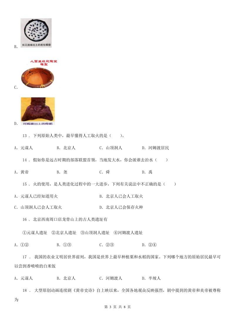 七年级上册人教版历史试题：第一单元 史前时期：中国境内人类的活动 单元测试卷_第3页