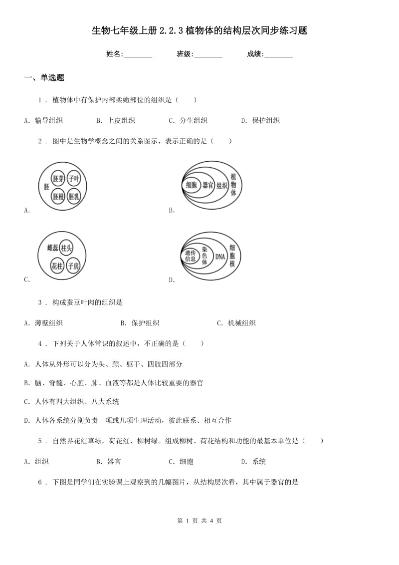 生物七年级上册2.2.3植物体的结构层次同步练习题_第1页