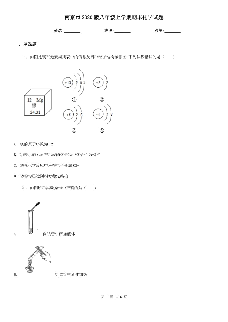 南京市2020版八年级上学期期末化学试题_第1页