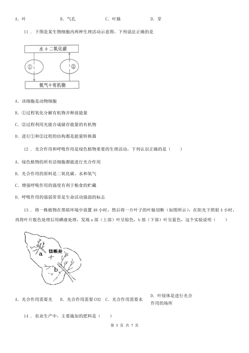 七年级上册生物第三单元 第5章 绿色开花植物的生活方式 单元复习训练题_第3页